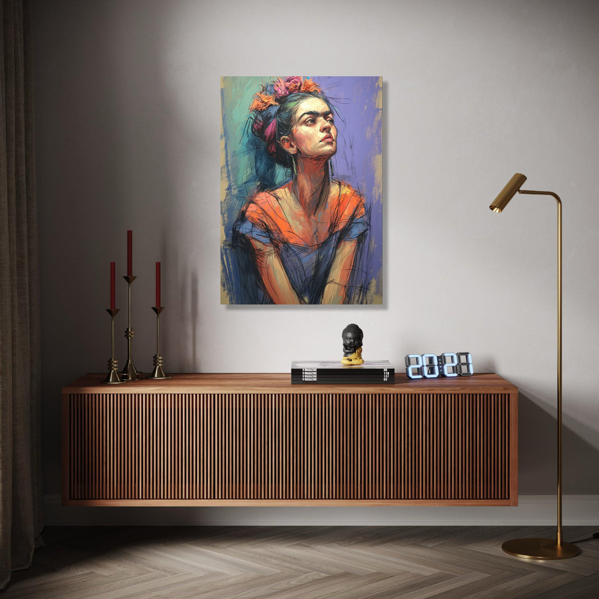 Frida Inspired Portrait Canvas, Abstract Woman Wall Art, Colorful Expressionist Painting, Modern Home Gift Art, Home Decor, Print