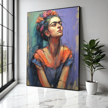 Frida Inspired Portrait Canvas, Abstract Woman Wall Art, Colorful Expressionist Painting, Modern Home Gift Art, Home Decor, Print