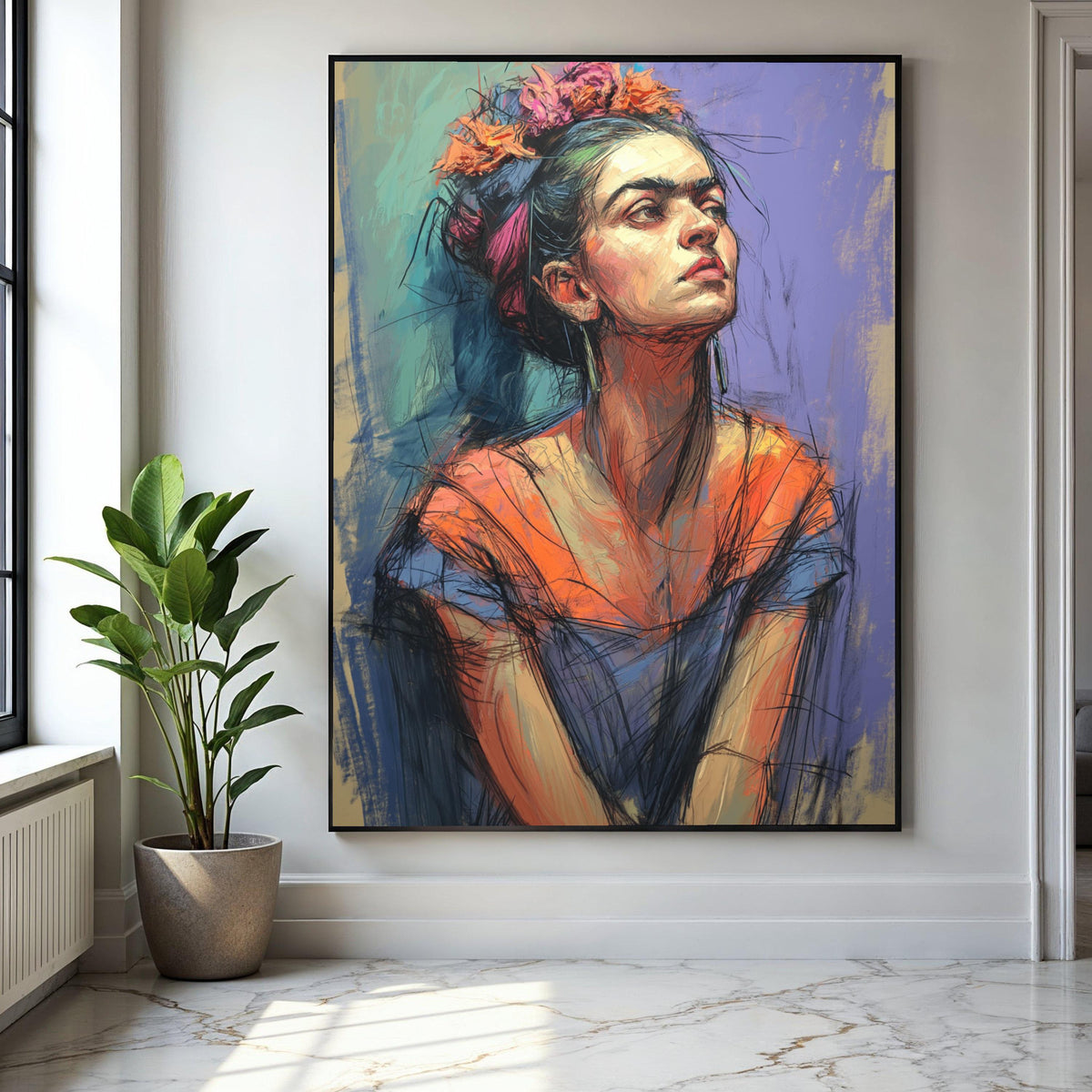 Frida Inspired Portrait Canvas, Abstract Woman Wall Art, Colorful Expressionist Painting, Modern Home Gift Art, Home Decor, Print