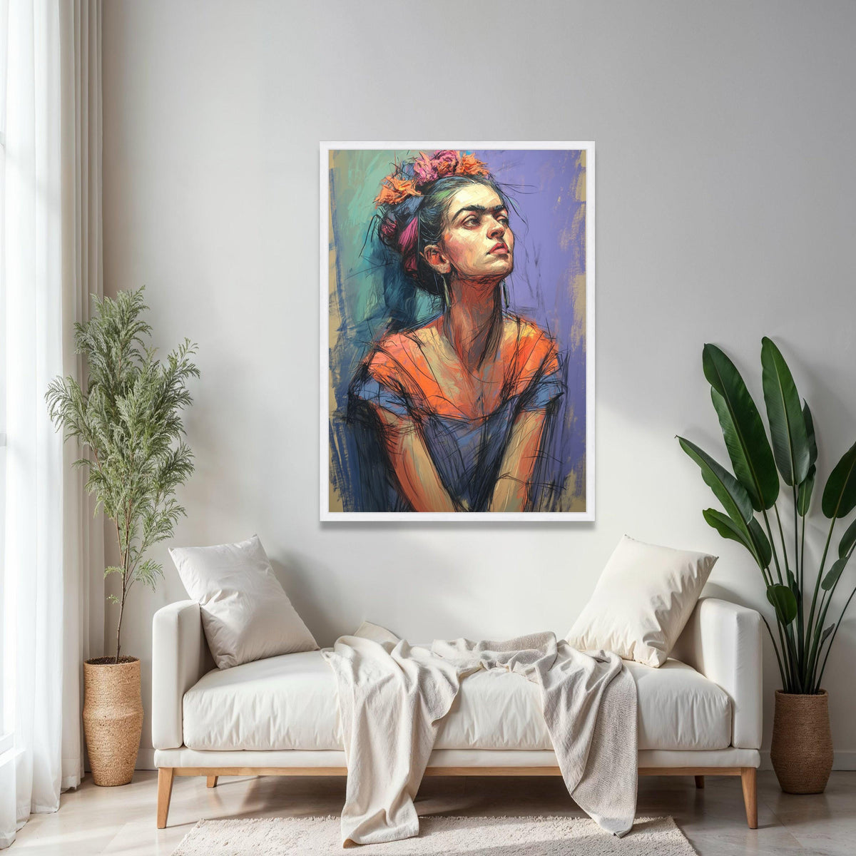 Frida Inspired Portrait Canvas, Abstract Woman Wall Art, Colorful Expressionist Painting, Modern Home Gift Art, Home Decor, Print