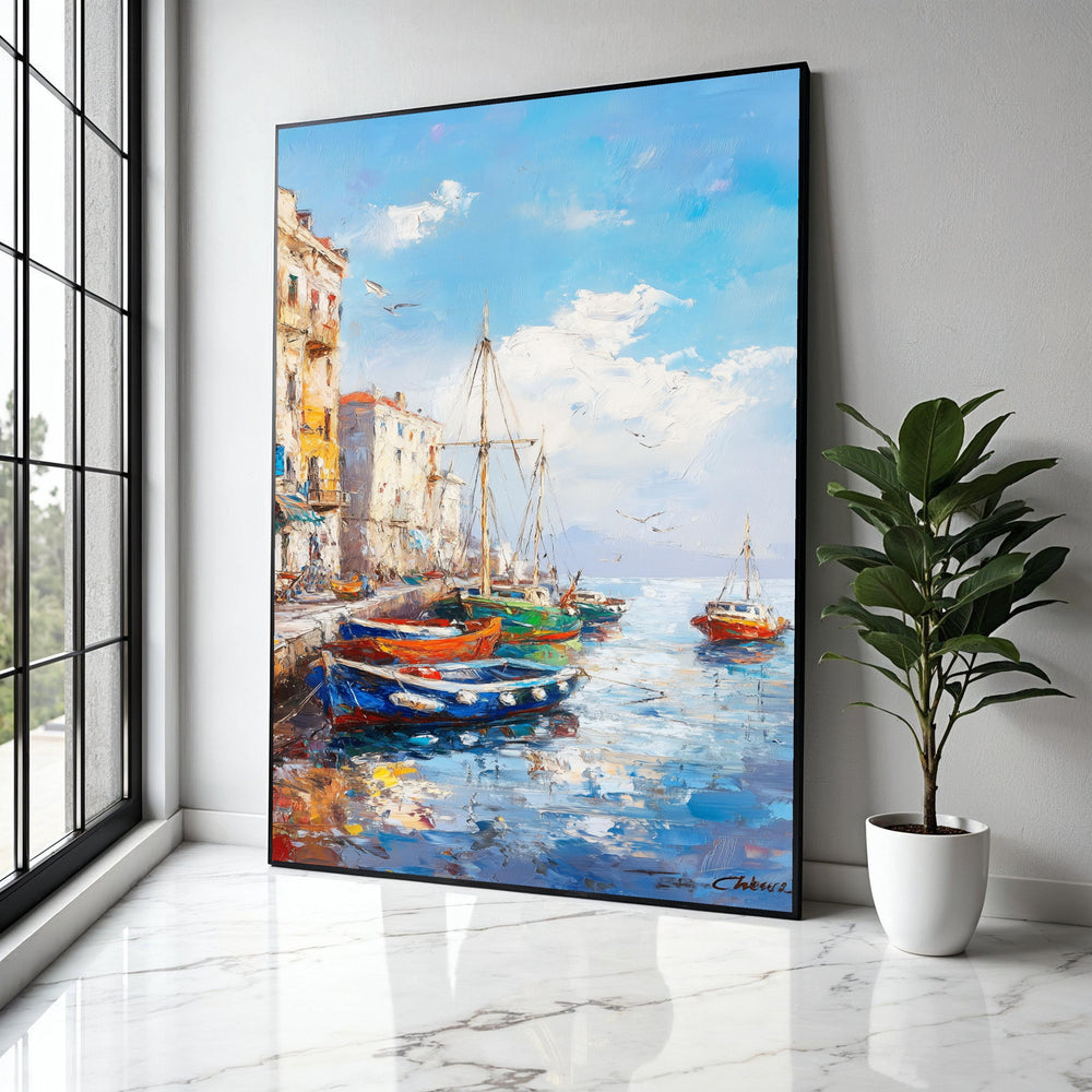 Vibrant Harbor Scene Canvas, Coastal Boats Painting, Mediterranean Waterfront Wall Art, Seaside Village Canvas, Gift Art, Home Decor, Print