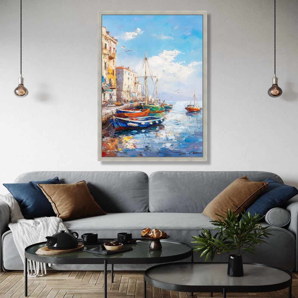 Vibrant Harbor Scene Canvas, Coastal Boats Painting, Mediterranean Waterfront Wall Art, Seaside Village Canvas, Gift Art, Home Decor, Print