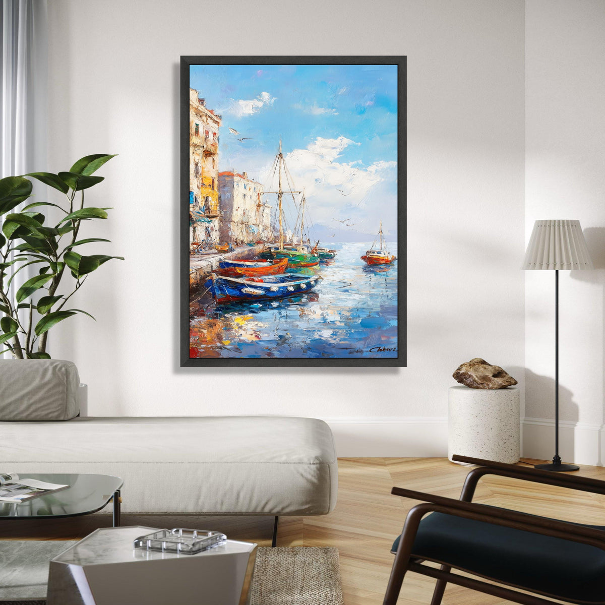 Vibrant Harbor Scene Canvas, Coastal Boats Painting, Mediterranean Waterfront Wall Art, Seaside Village Canvas, Gift Art, Home Decor, Print