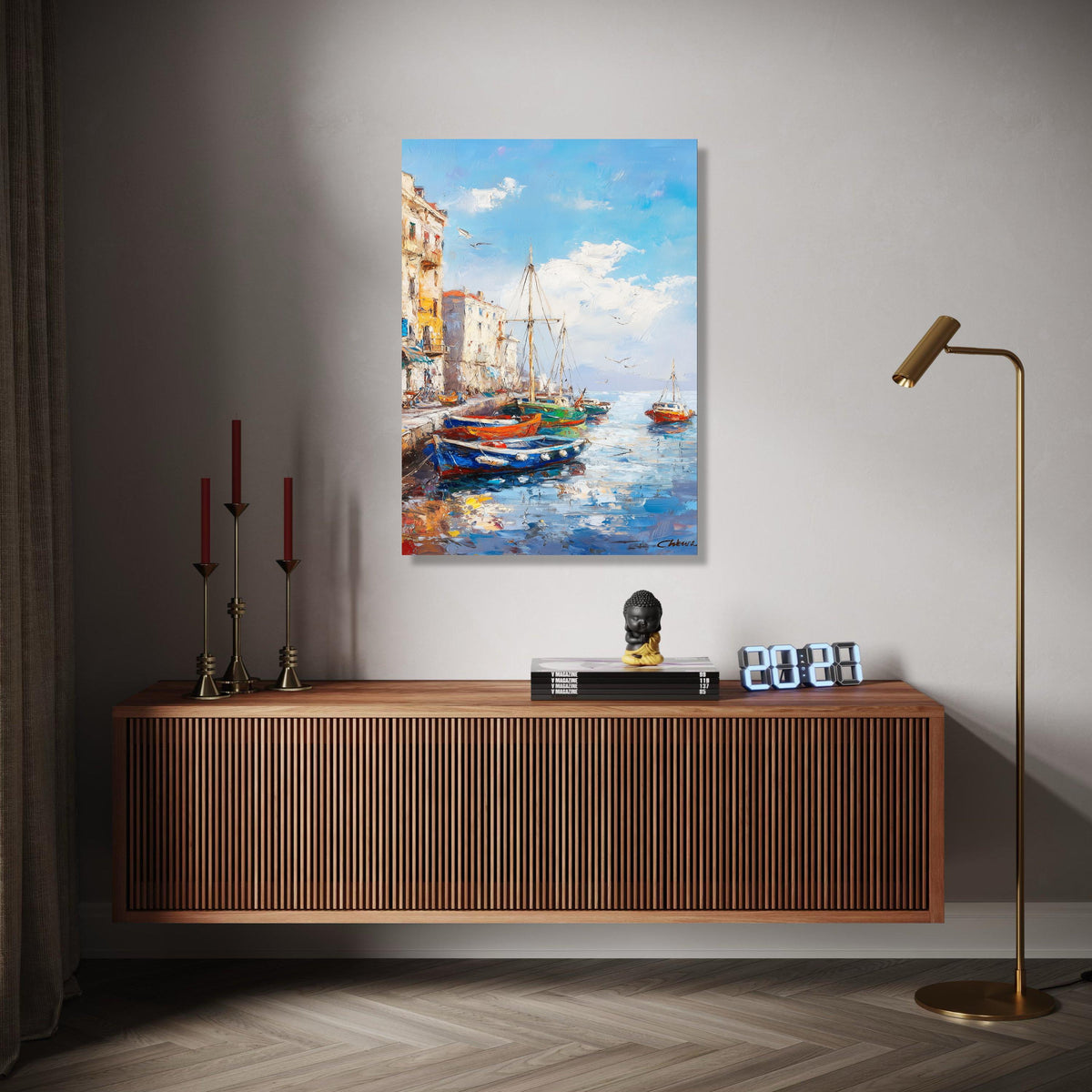 Vibrant Harbor Scene Canvas, Coastal Boats Painting, Mediterranean Waterfront Wall Art, Seaside Village Canvas, Gift Art, Home Decor, Print