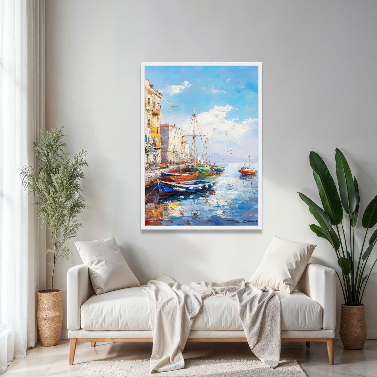 Vibrant Harbor Scene Canvas, Coastal Boats Painting, Mediterranean Waterfront Wall Art, Seaside Village Canvas, Gift Art, Home Decor, Print
