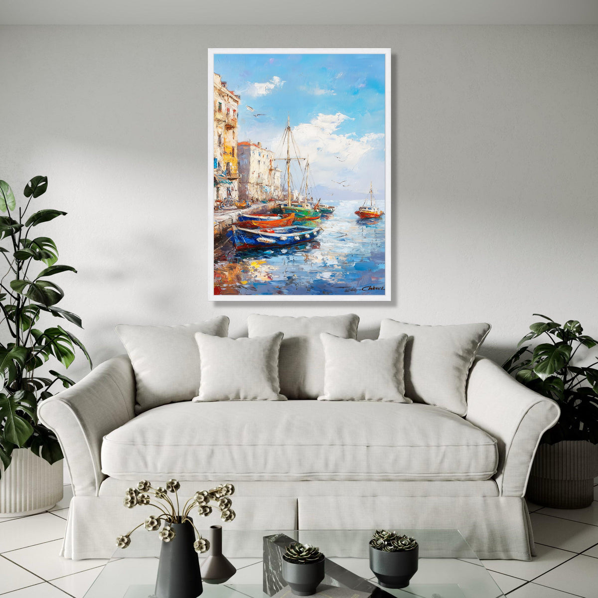 Vibrant Harbor Scene Canvas, Coastal Boats Painting, Mediterranean Waterfront Wall Art, Seaside Village Canvas, Gift Art, Home Decor, Print