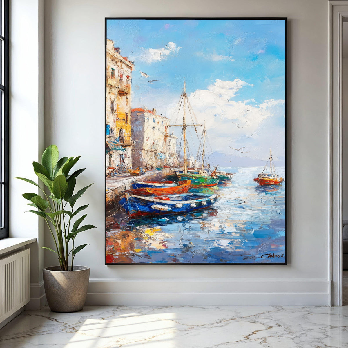 Vibrant Harbor Scene Canvas, Coastal Boats Painting, Mediterranean Waterfront Wall Art, Seaside Village Canvas, Gift Art, Home Decor, Print