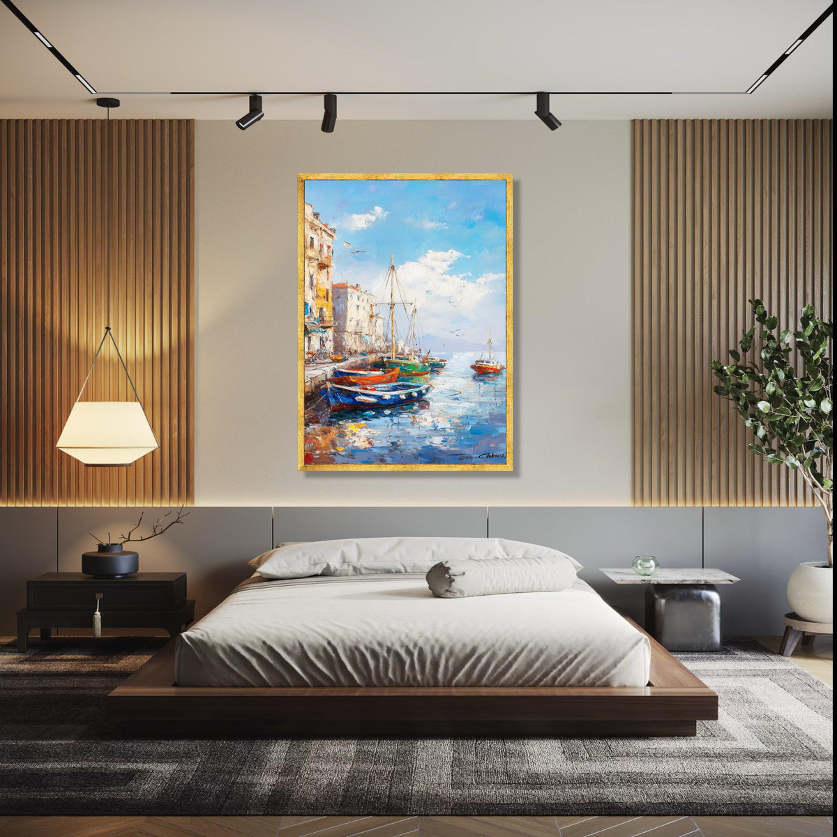Vibrant Harbor Scene Canvas, Coastal Boats Painting, Mediterranean Waterfront Wall Art, Seaside Village Canvas, Gift Art, Home Decor, Print