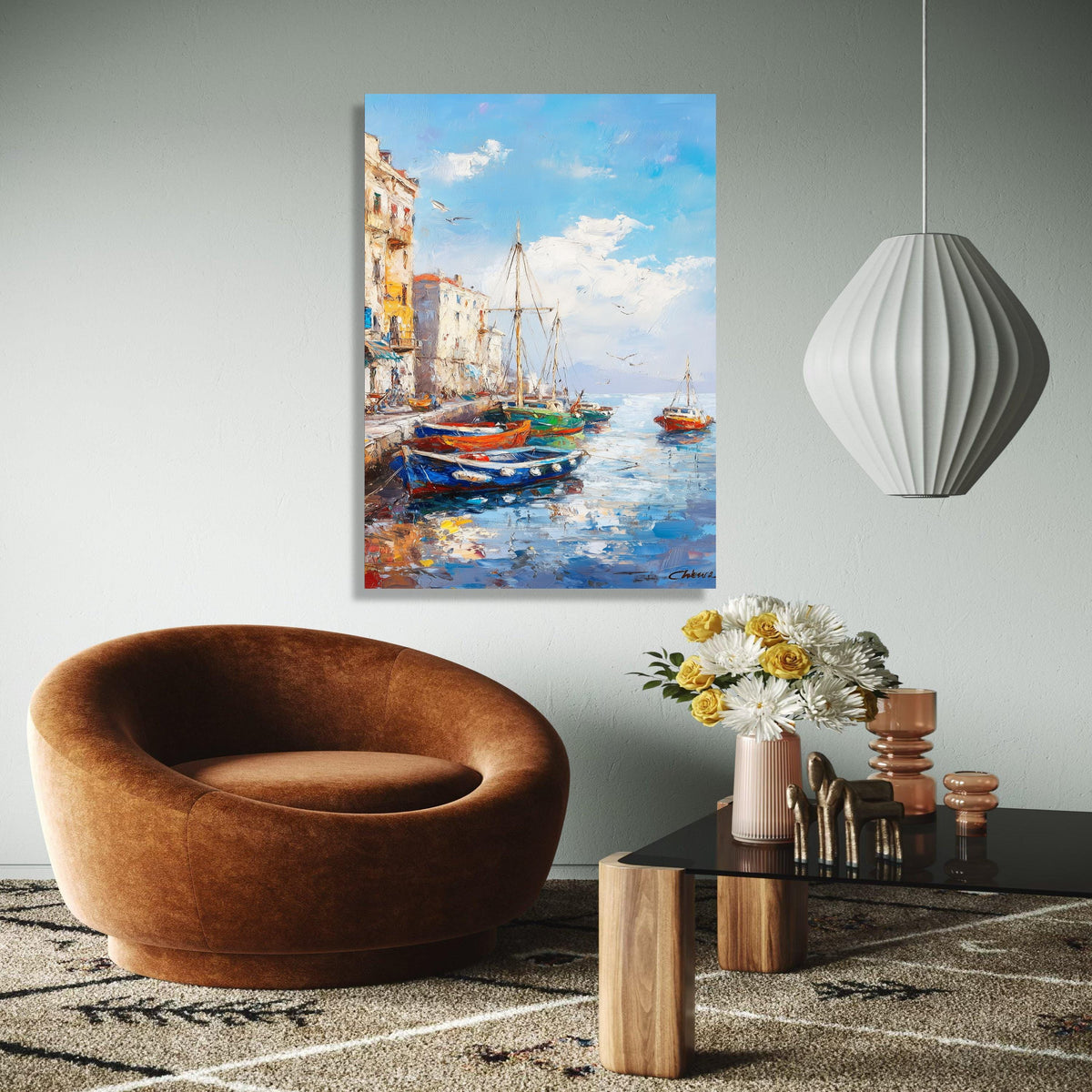 Vibrant Harbor Scene Canvas, Coastal Boats Painting, Mediterranean Waterfront Wall Art, Seaside Village Canvas, Gift Art, Home Decor, Print