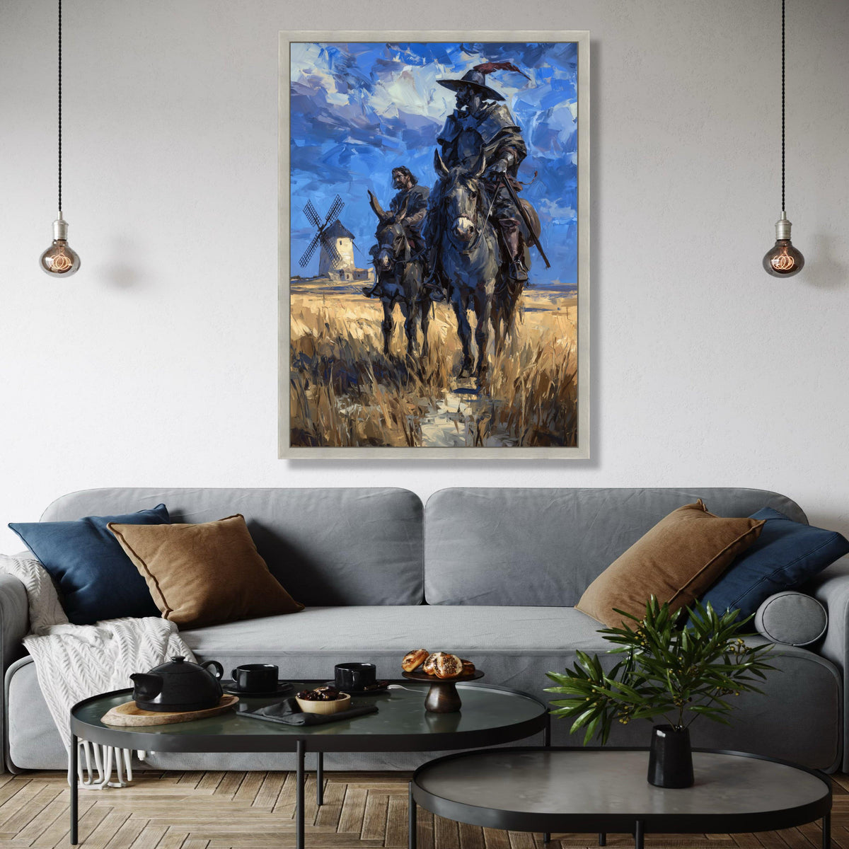 Don Quixote and Sancho Panza Canvas Wall Art, Classic Literary Scene, Spanish Windmill Landscape Painting, Home Gift Art, Home Decor, Print