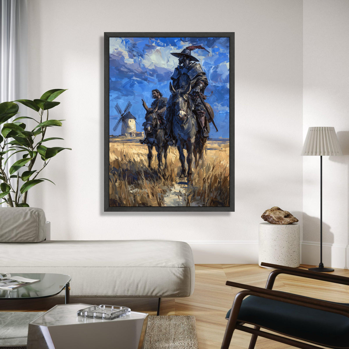 Don Quixote and Sancho Panza Canvas Wall Art, Classic Literary Scene, Spanish Windmill Landscape Painting, Home Gift Art, Home Decor, Print