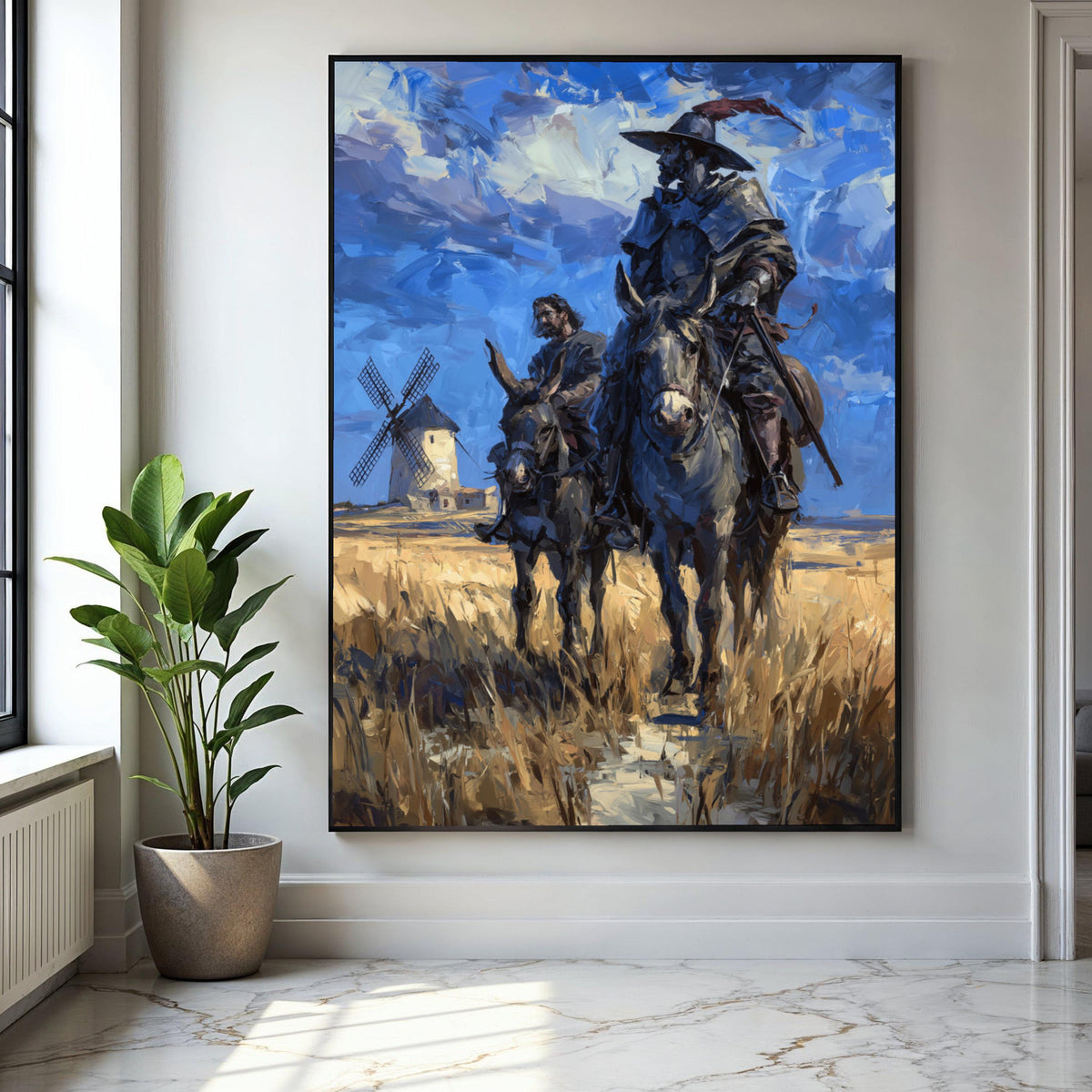 Don Quixote and Sancho Panza Canvas Wall Art, Classic Literary Scene, Spanish Windmill Landscape Painting, Home Gift Art, Home Decor, Print