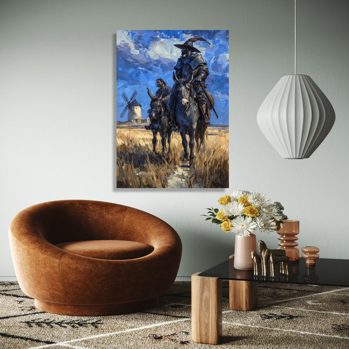 Don Quixote and Sancho Panza Canvas Wall Art, Classic Literary Scene, Spanish Windmill Landscape Painting, Home Gift Art, Home Decor, Print