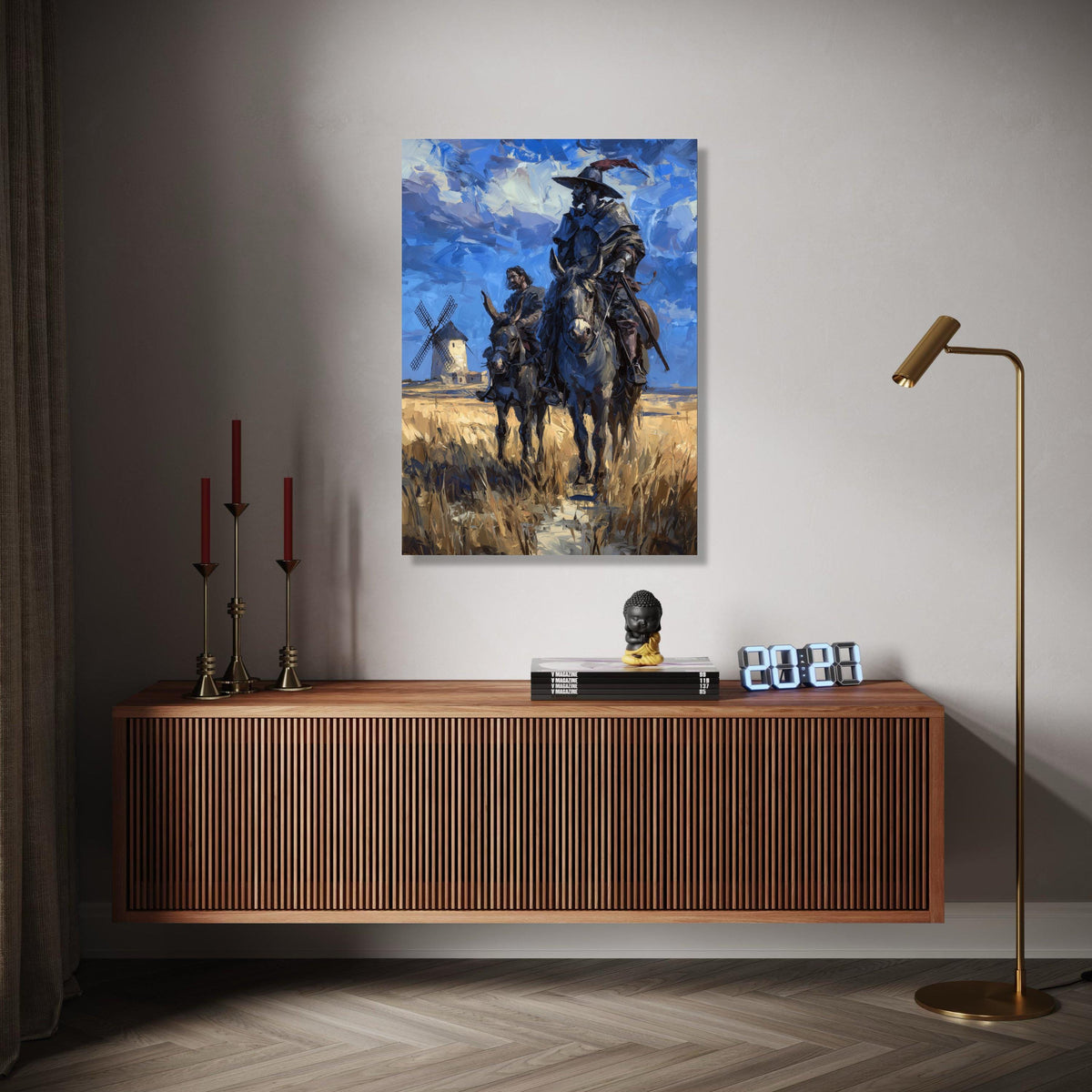 Don Quixote and Sancho Panza Canvas Wall Art, Classic Literary Scene, Spanish Windmill Landscape Painting, Home Gift Art, Home Decor, Print