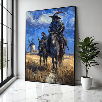 Don Quixote and Sancho Panza Canvas Wall Art, Classic Literary Scene, Spanish Windmill Landscape Painting, Home Gift Art, Home Decor, Print
