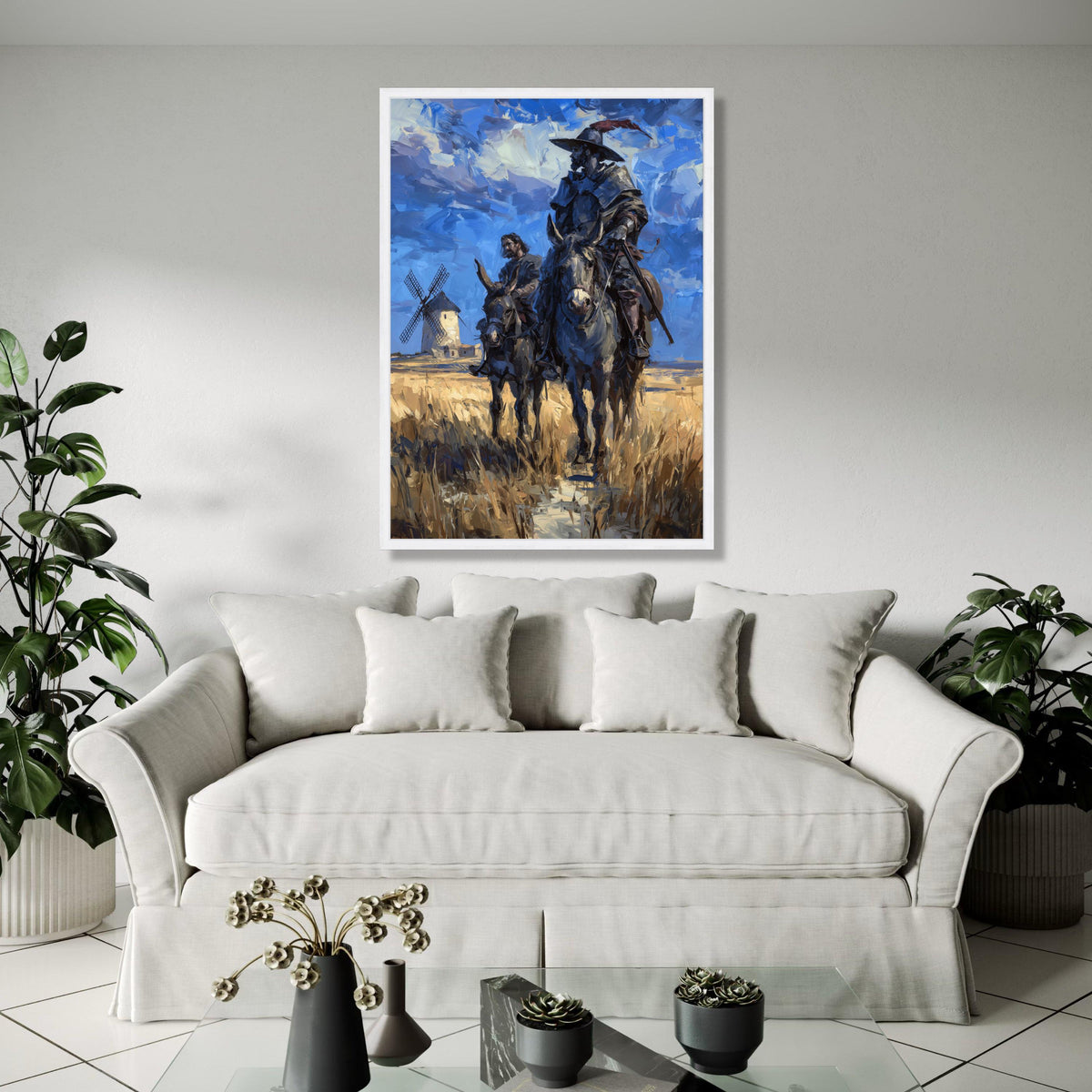 Don Quixote and Sancho Panza Canvas Wall Art, Classic Literary Scene, Spanish Windmill Landscape Painting, Home Gift Art, Home Decor, Print