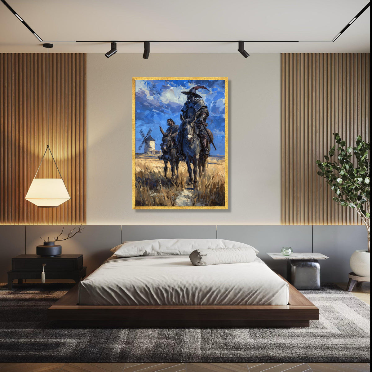 Don Quixote and Sancho Panza Canvas Wall Art, Classic Literary Scene, Spanish Windmill Landscape Painting, Home Gift Art, Home Decor, Print