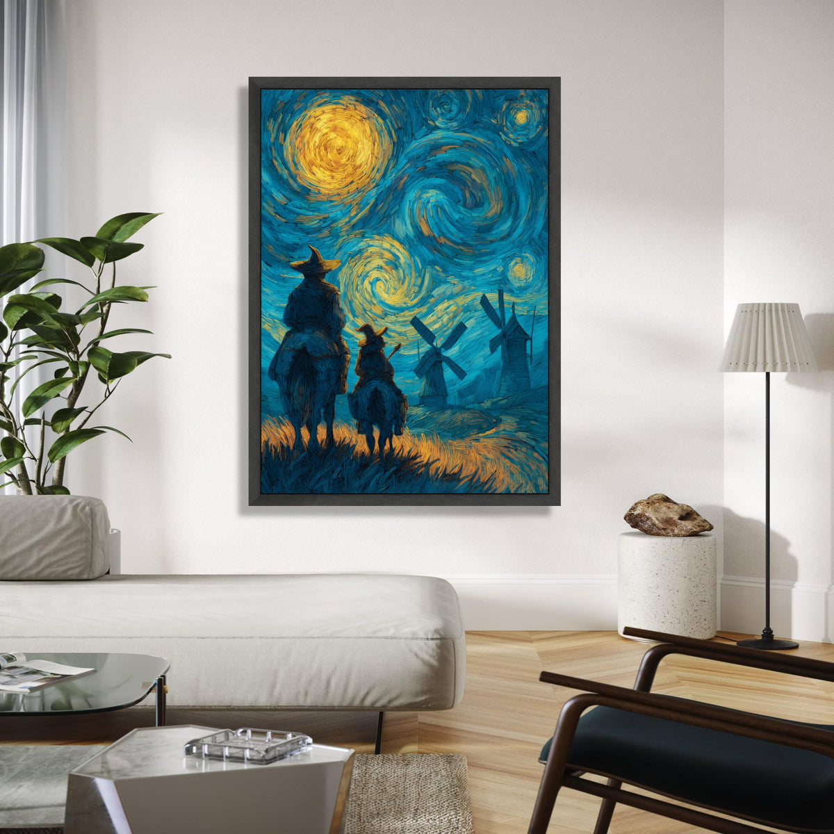 Starry Night Adventure Canvas Wall Art, Don Quixote and Sancho Panza, Windmill Landscape, Van Gogh Style Gift Art, Home Decor, Print