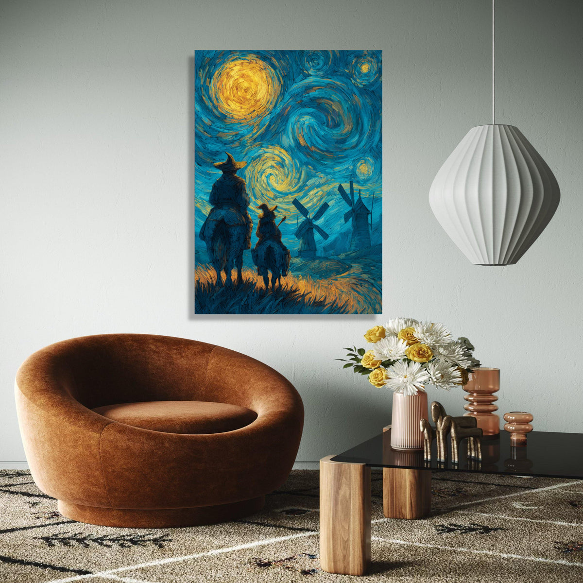 Starry Night Adventure Canvas Wall Art, Don Quixote and Sancho Panza, Windmill Landscape, Van Gogh Style Gift Art, Home Decor, Print