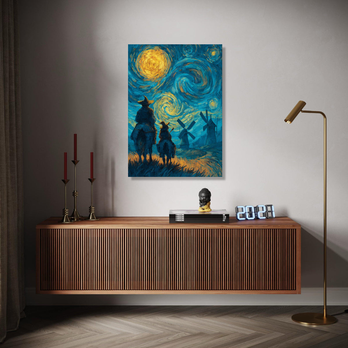 Starry Night Adventure Canvas Wall Art, Don Quixote and Sancho Panza, Windmill Landscape, Van Gogh Style Gift Art, Home Decor, Print