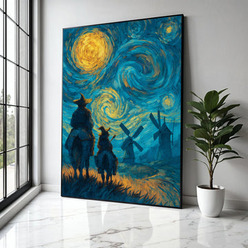 Starry Night Adventure Canvas Wall Art, Don Quixote and Sancho Panza, Windmill Landscape, Van Gogh Style Gift Art, Home Decor, Print
