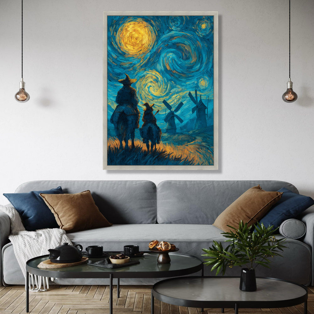 Starry Night Adventure Canvas Wall Art, Don Quixote and Sancho Panza, Windmill Landscape, Van Gogh Style Gift Art, Home Decor, Print