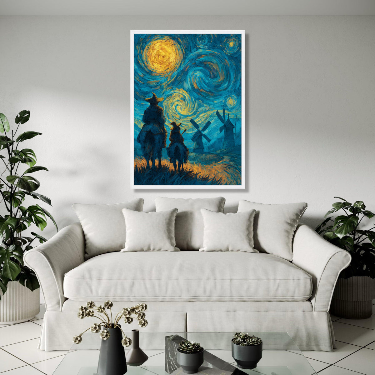 Starry Night Adventure Canvas Wall Art, Don Quixote and Sancho Panza, Windmill Landscape, Van Gogh Style Gift Art, Home Decor, Print