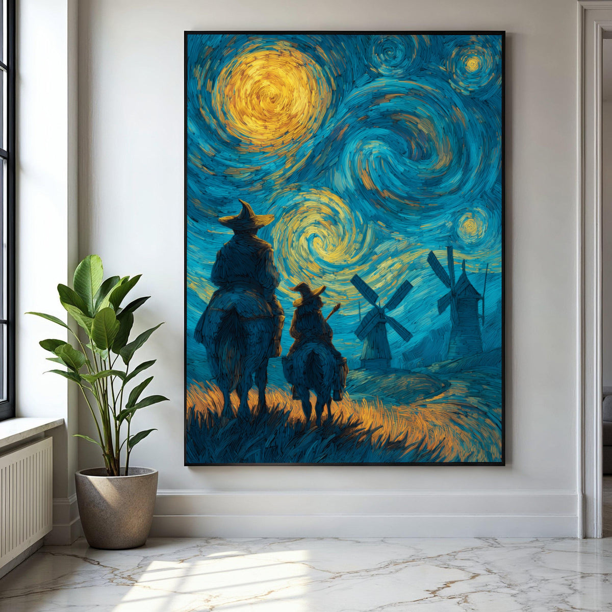 Starry Night Adventure Canvas Wall Art, Don Quixote and Sancho Panza, Windmill Landscape, Van Gogh Style Gift Art, Home Decor, Print