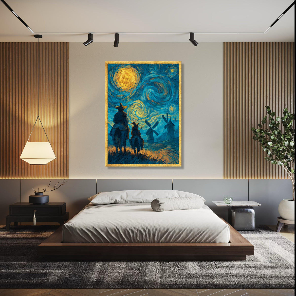 Starry Night Adventure Canvas Wall Art, Don Quixote and Sancho Panza, Windmill Landscape, Van Gogh Style Gift Art, Home Decor, Print