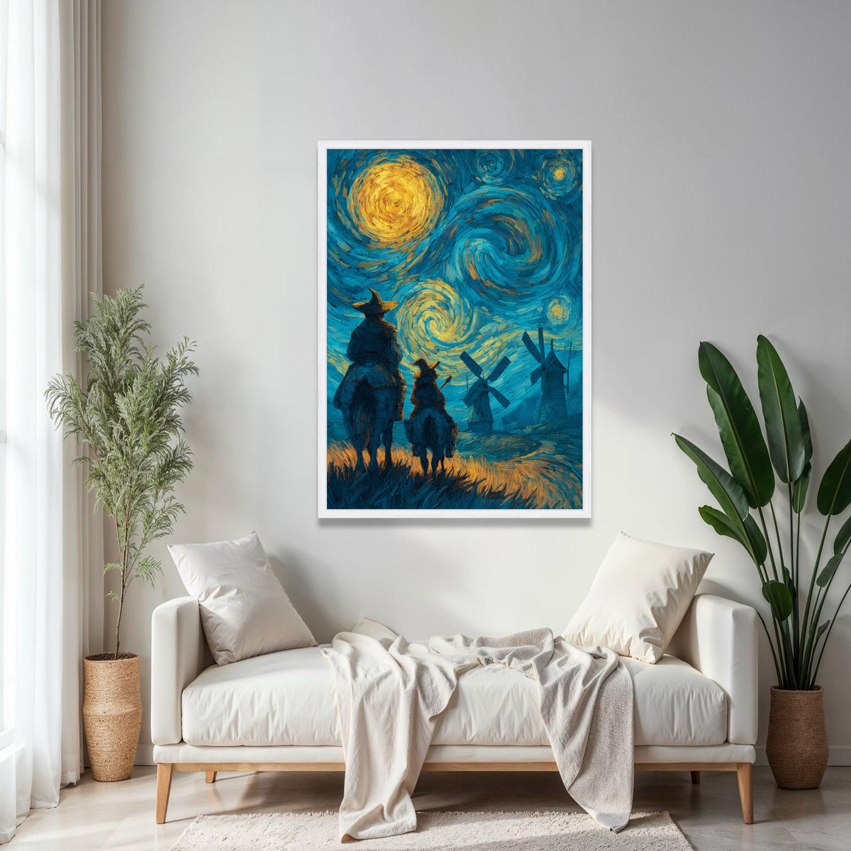 Starry Night Adventure Canvas Wall Art, Don Quixote and Sancho Panza, Windmill Landscape, Van Gogh Style Gift Art, Home Decor, Print