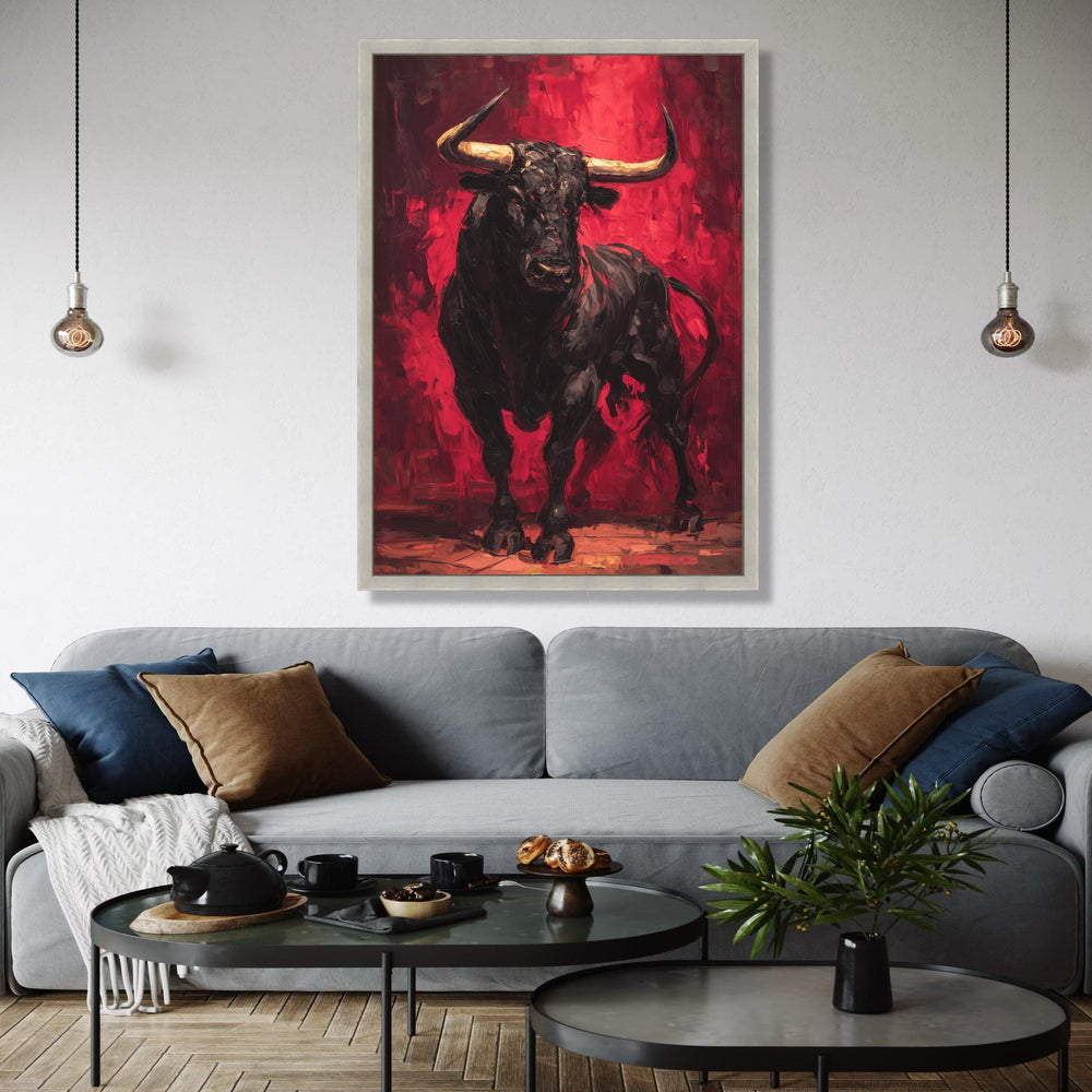 Bold Black Bull Canvas Wall Art, Abstract Expressionist Bull Painting, Red Background Animal Art, Powerful Gift Art, Home Decor, Print