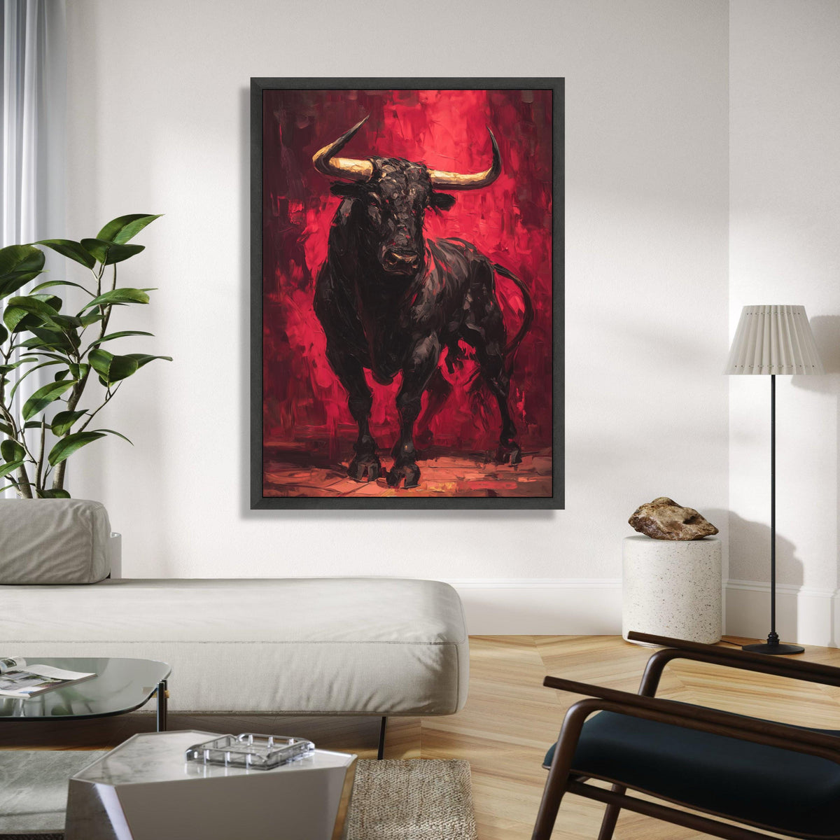 Bold Black Bull Canvas Wall Art, Abstract Expressionist Bull Painting, Red Background Animal Art, Powerful Gift Art, Home Decor, Print