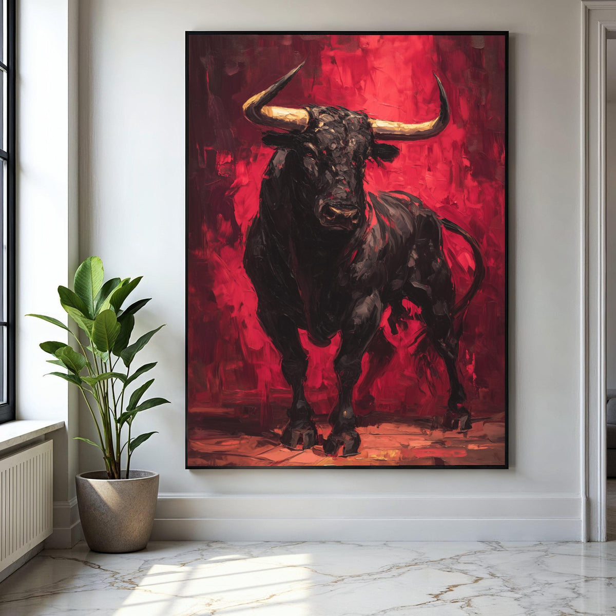Bold Black Bull Canvas Wall Art, Abstract Expressionist Bull Painting, Red Background Animal Art, Powerful Gift Art, Home Decor, Print