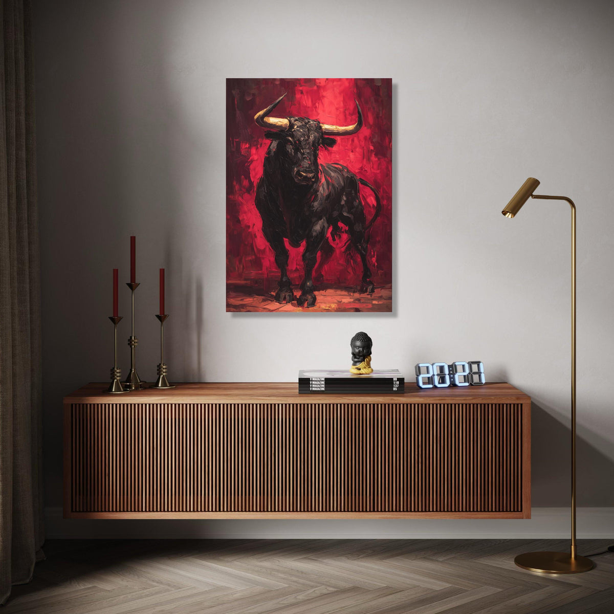 Bold Black Bull Canvas Wall Art, Abstract Expressionist Bull Painting, Red Background Animal Art, Powerful Gift Art, Home Decor, Print