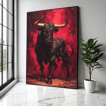 Bold Black Bull Canvas Wall Art, Abstract Expressionist Bull Painting, Red Background Animal Art, Powerful Gift Art, Home Decor, Print