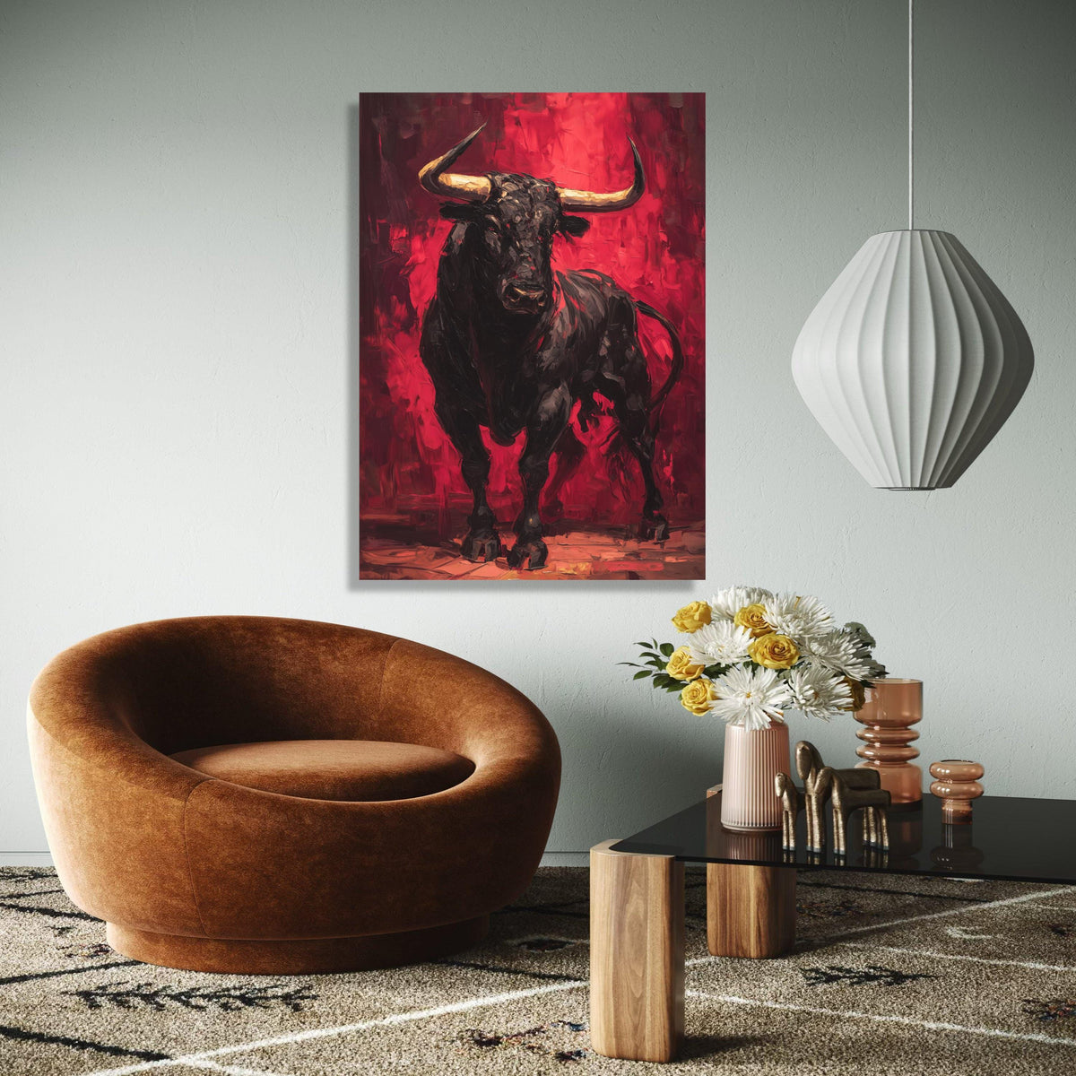 Bold Black Bull Canvas Wall Art, Abstract Expressionist Bull Painting, Red Background Animal Art, Powerful Gift Art, Home Decor, Print
