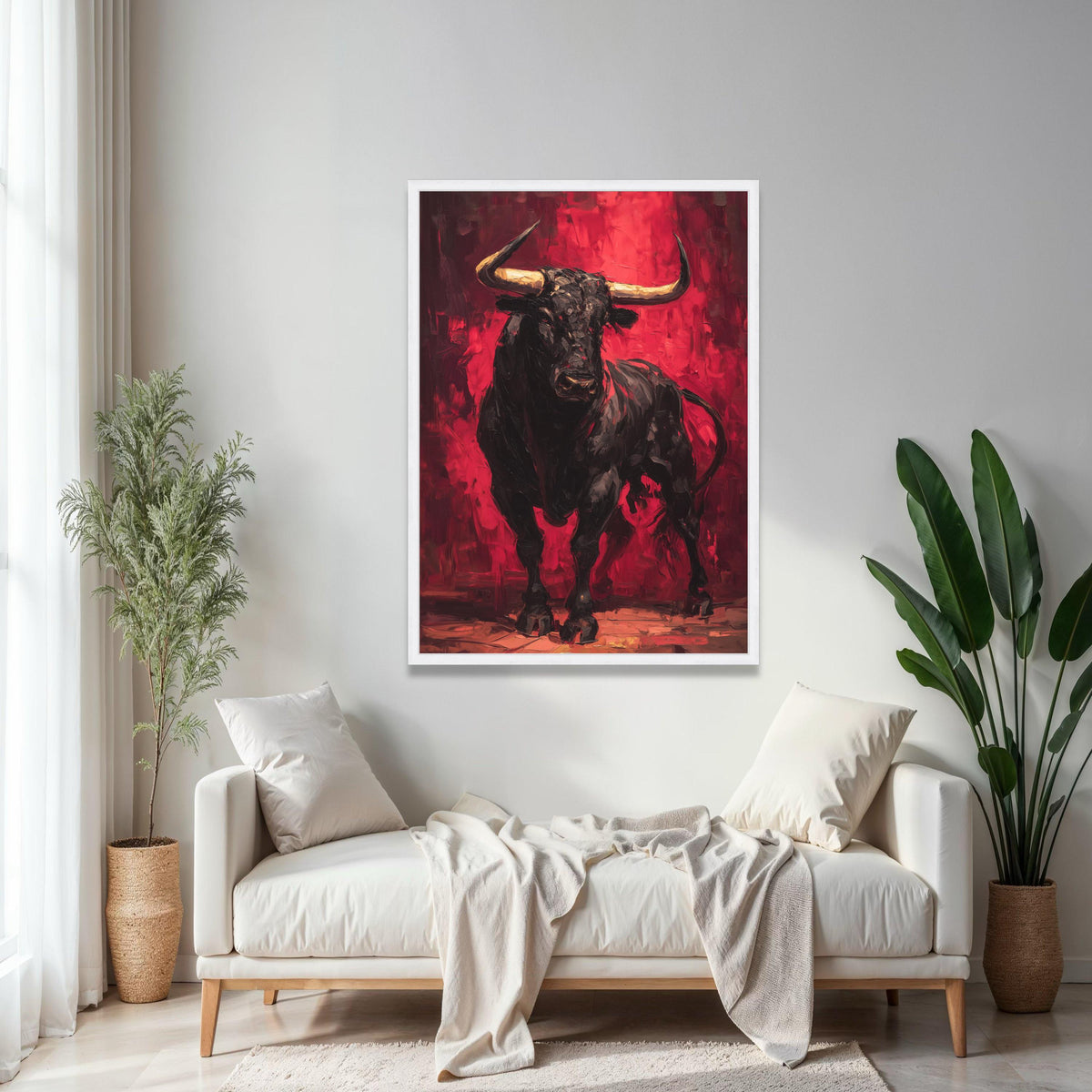 Bold Black Bull Canvas Wall Art, Abstract Expressionist Bull Painting, Red Background Animal Art, Powerful Gift Art, Home Decor, Print