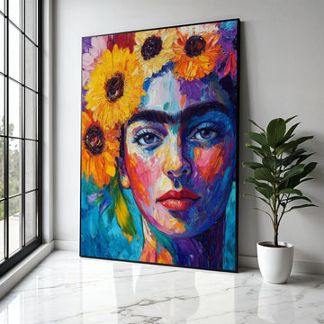 Vibrant Frida Kahlo Portrait Canvas, Colorful Floral Headpiece Wall Art, Modern Expressionist Canvas Painting, Gift Art, Home Decor, Print