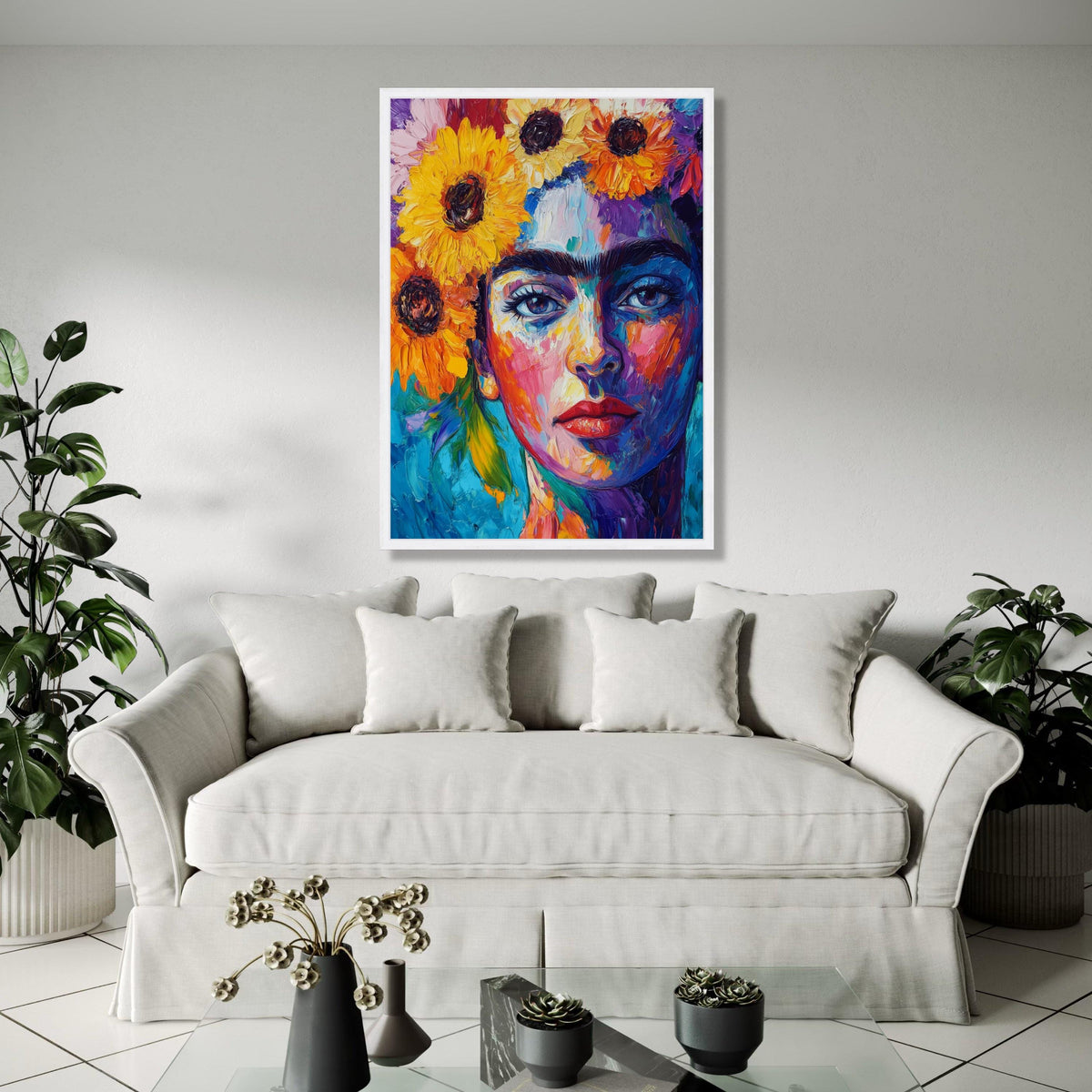 Vibrant Frida Kahlo Portrait Canvas, Colorful Floral Headpiece Wall Art, Modern Expressionist Canvas Painting, Gift Art, Home Decor, Print