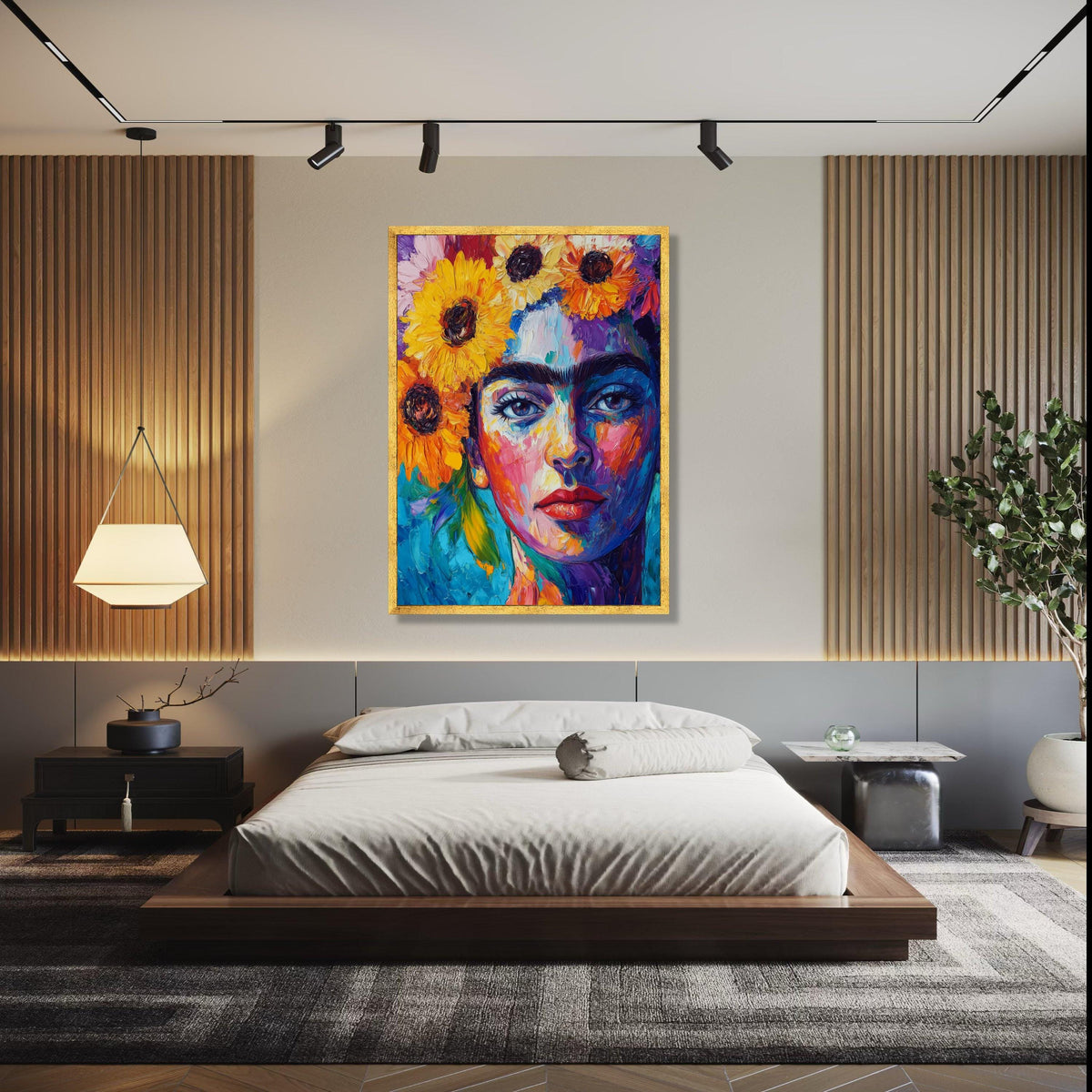 Vibrant Frida Kahlo Portrait Canvas, Colorful Floral Headpiece Wall Art, Modern Expressionist Canvas Painting, Gift Art, Home Decor, Print