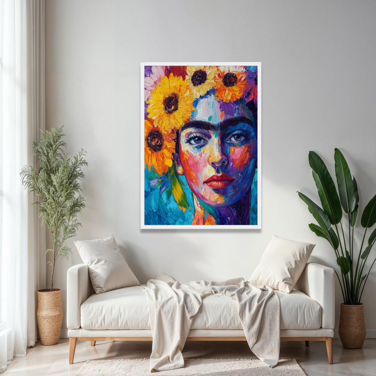 Vibrant Frida Kahlo Portrait Canvas, Colorful Floral Headpiece Wall Art, Modern Expressionist Canvas Painting, Gift Art, Home Decor, Print