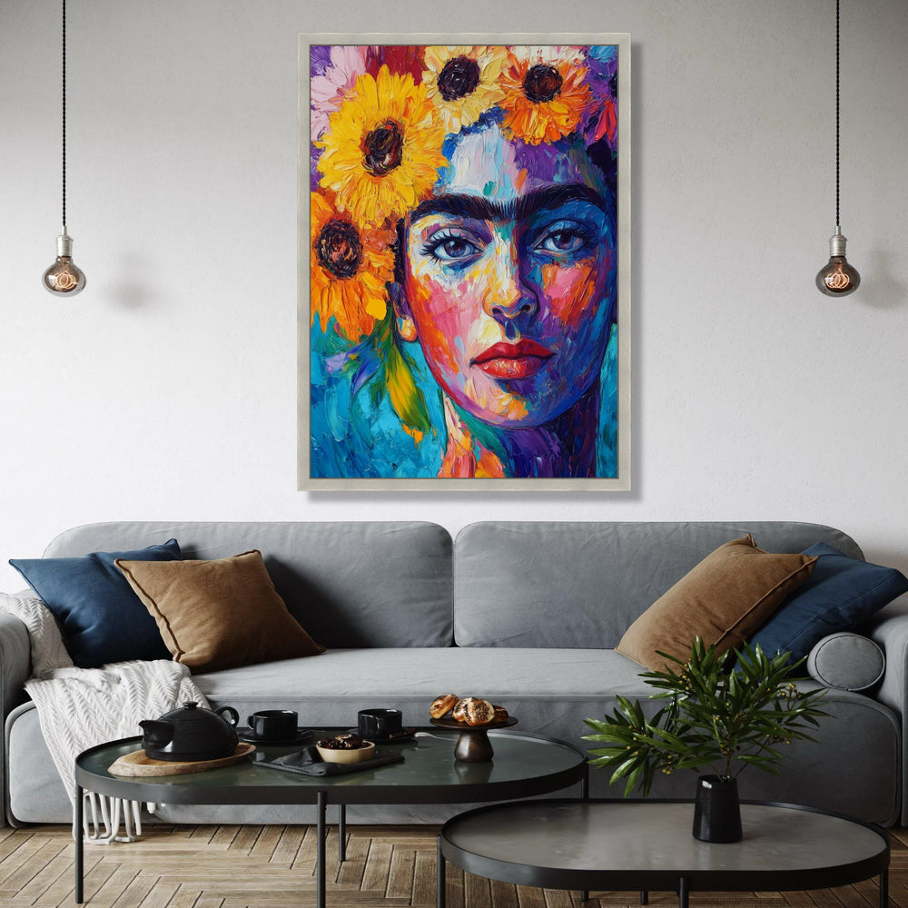 Vibrant Frida Kahlo Portrait Canvas, Colorful Floral Headpiece Wall Art, Modern Expressionist Canvas Painting, Gift Art, Home Decor, Print