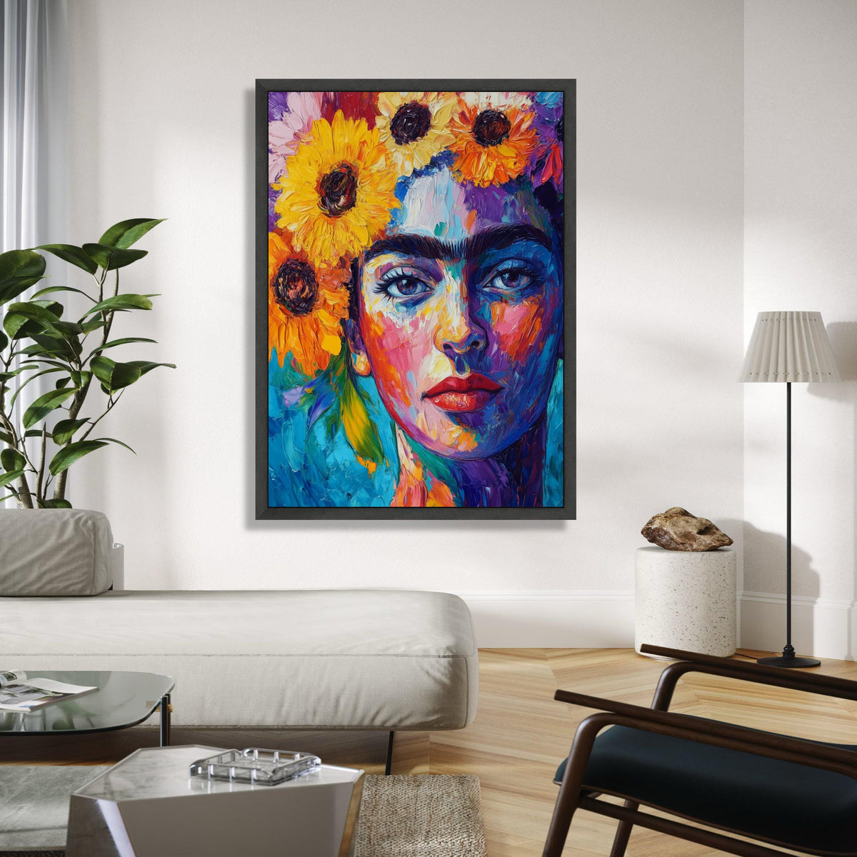 Vibrant Frida Kahlo Portrait Canvas, Colorful Floral Headpiece Wall Art, Modern Expressionist Canvas Painting, Gift Art, Home Decor, Print