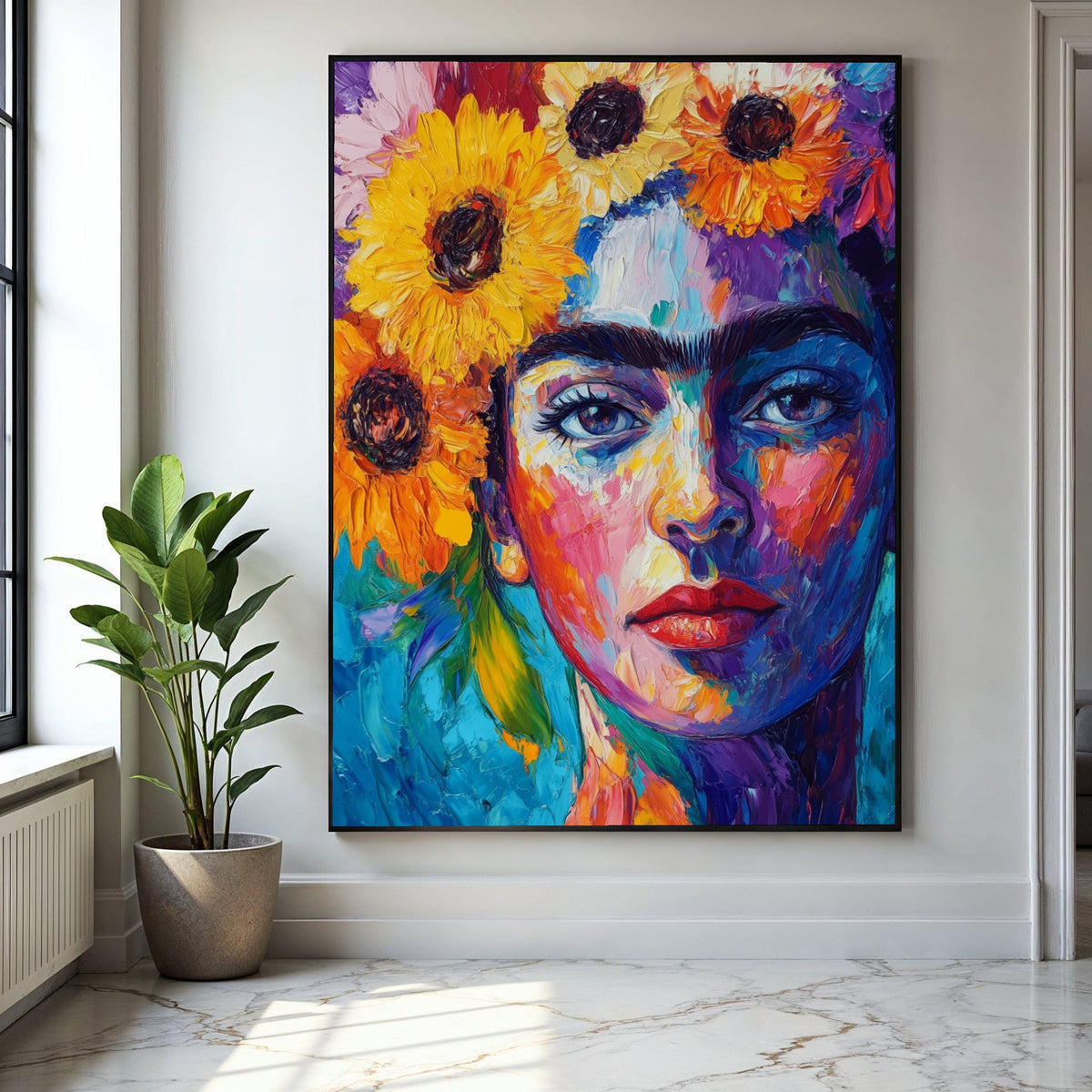 Vibrant Frida Kahlo Portrait Canvas, Colorful Floral Headpiece Wall Art, Modern Expressionist Canvas Painting, Gift Art, Home Decor, Print