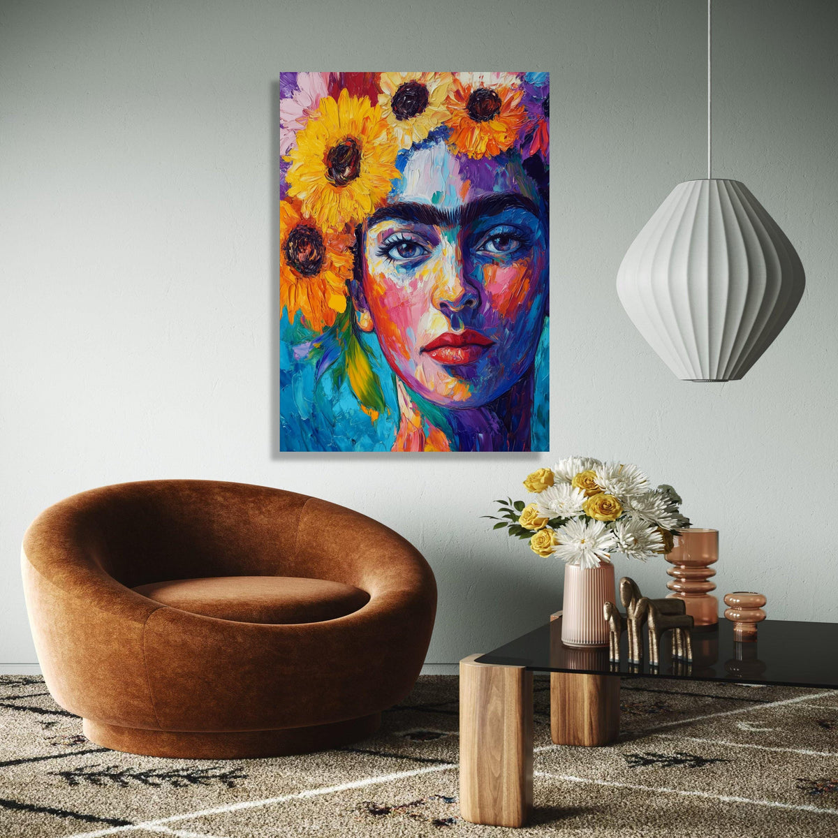 Vibrant Frida Kahlo Portrait Canvas, Colorful Floral Headpiece Wall Art, Modern Expressionist Canvas Painting, Gift Art, Home Decor, Print
