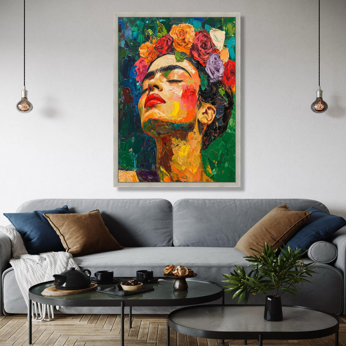 Vibrant Frida Inspired Portrait Canvas, Colorful Flower Crown Wall Art, Abstract Expressionist Canvas, Modern Gift Art, Home Decor, Print