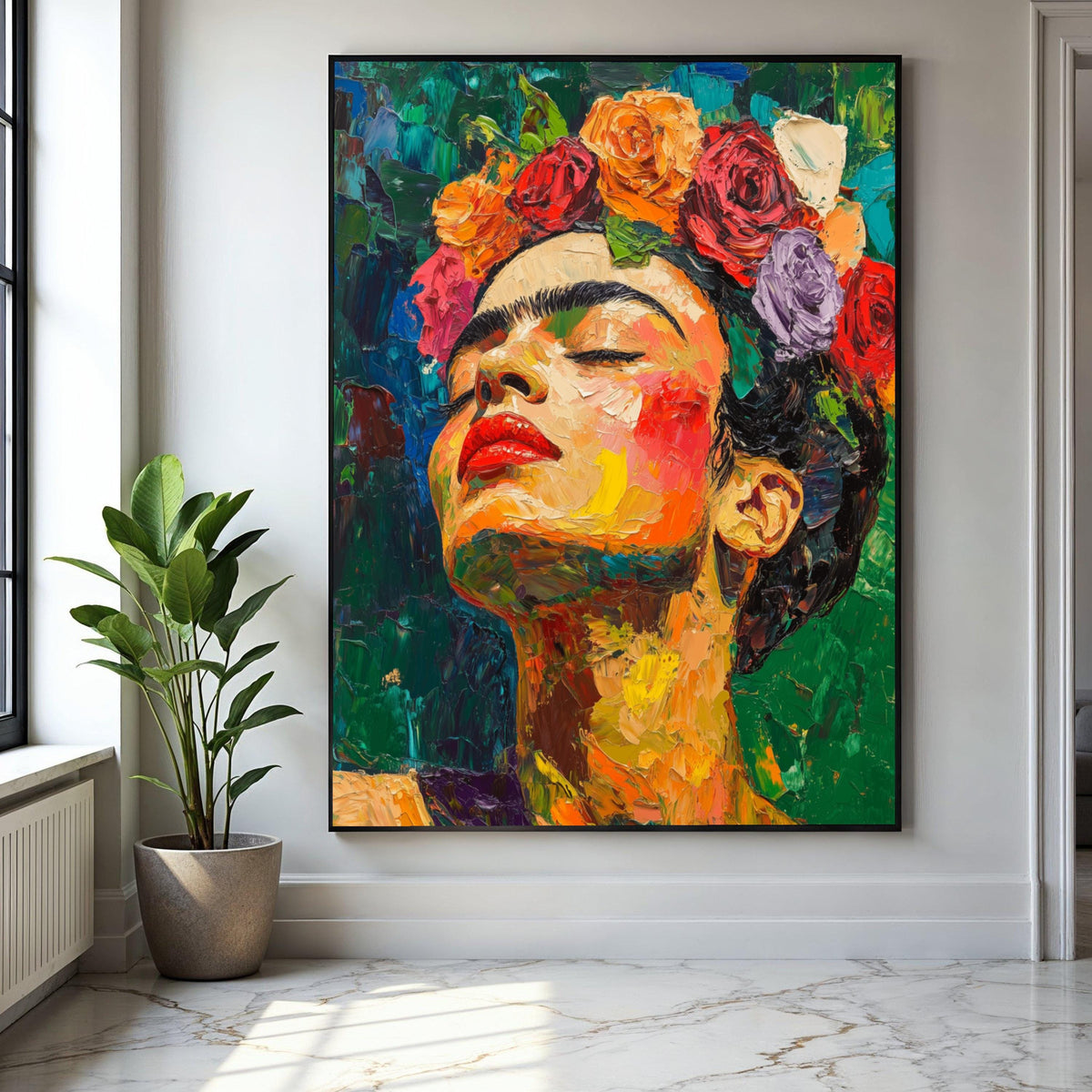 Vibrant Frida Inspired Portrait Canvas, Colorful Flower Crown Wall Art, Abstract Expressionist Canvas, Modern Gift Art, Home Decor, Print