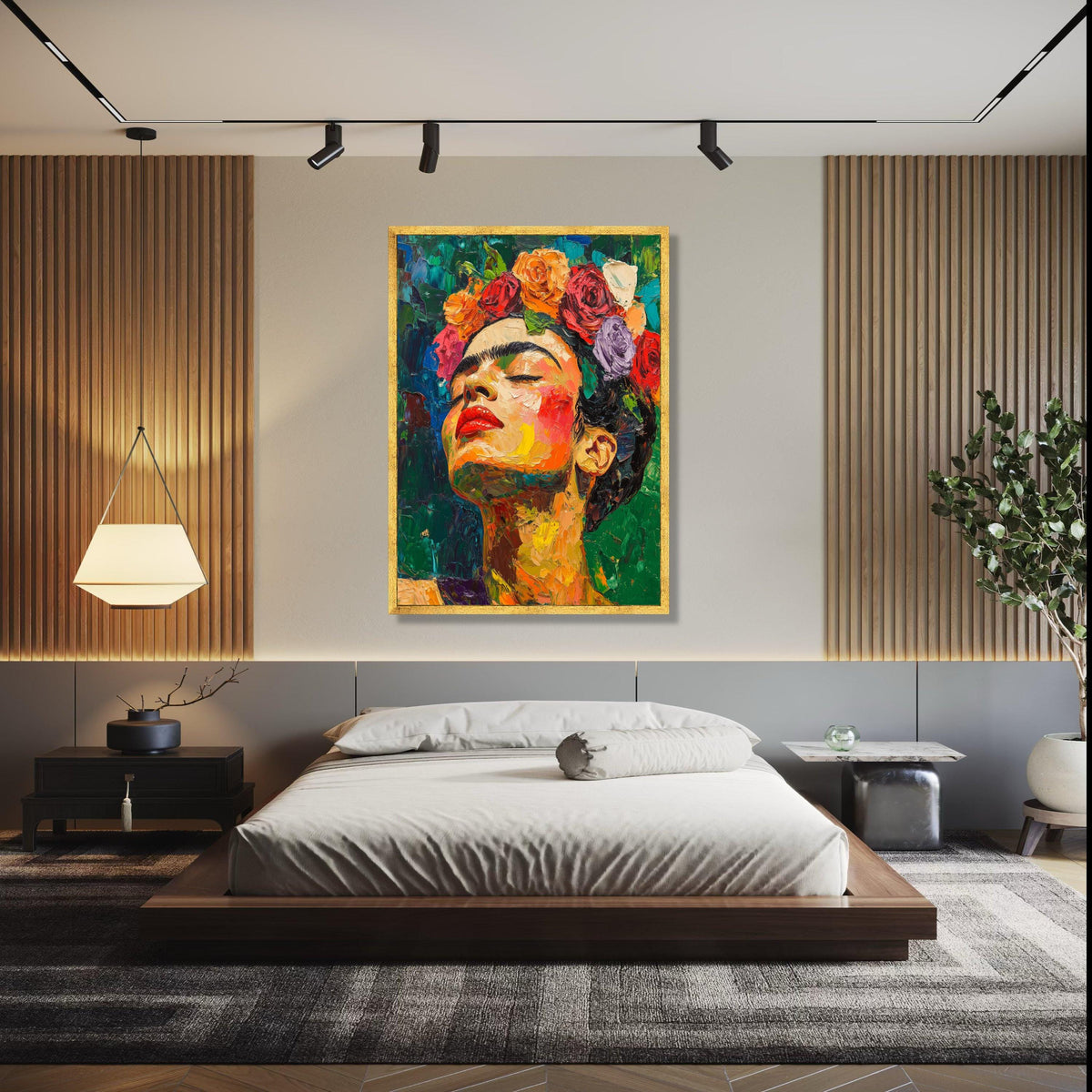 Vibrant Frida Inspired Portrait Canvas, Colorful Flower Crown Wall Art, Abstract Expressionist Canvas, Modern Gift Art, Home Decor, Print