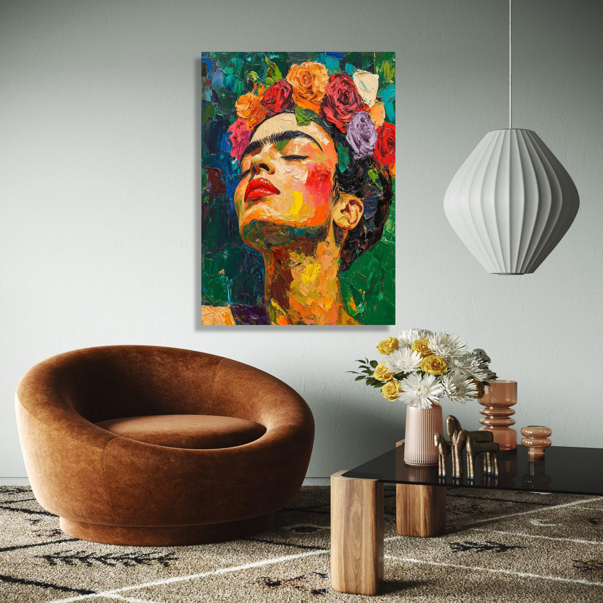 Vibrant Frida Inspired Portrait Canvas, Colorful Flower Crown Wall Art, Abstract Expressionist Canvas, Modern Gift Art, Home Decor, Print