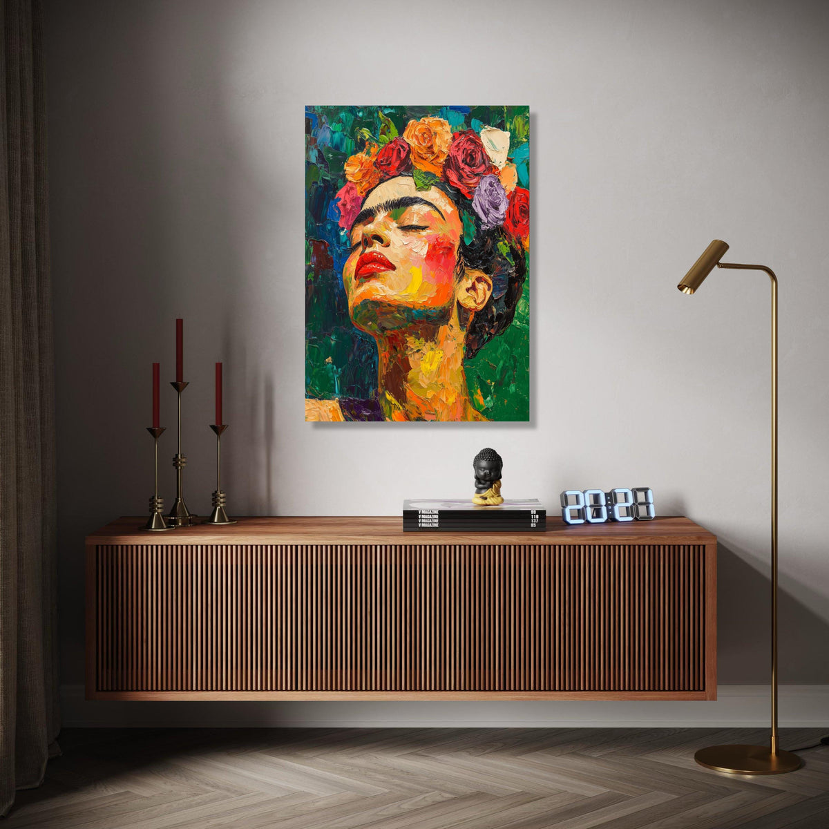 Vibrant Frida Inspired Portrait Canvas, Colorful Flower Crown Wall Art, Abstract Expressionist Canvas, Modern Gift Art, Home Decor, Print
